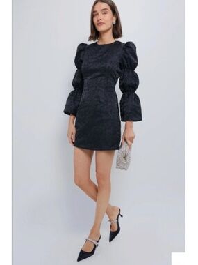 Hyacinth House  Black Jacquard Puff Sleeve Darcy Mini Dress Size Medium